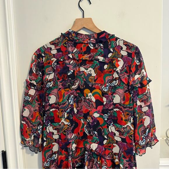 Saloni Red Blue Printed Silk Button Front Mini Dress 4 - Picture 7 of 16